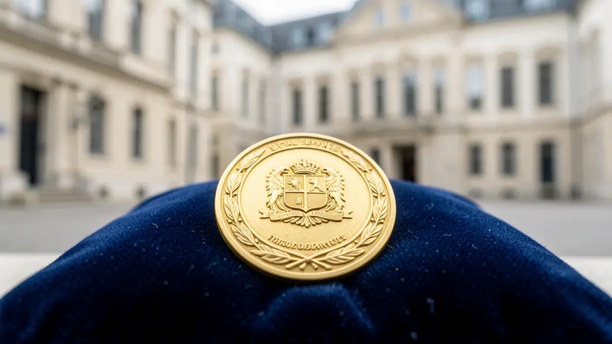 Imatge genèrica d'una medalla d'or sobre coixí de vellut blau.