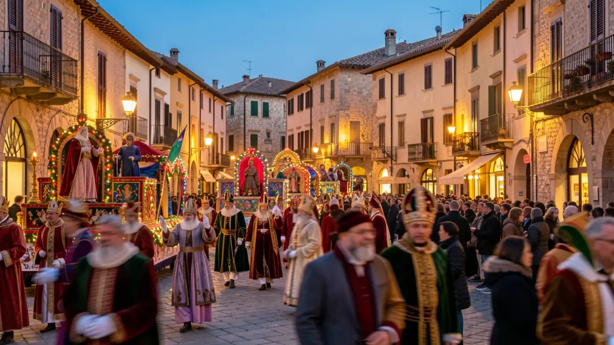 Imagen genérica de una cabalgata de Reyes Magos en una plaza mediterránea al atardecer.