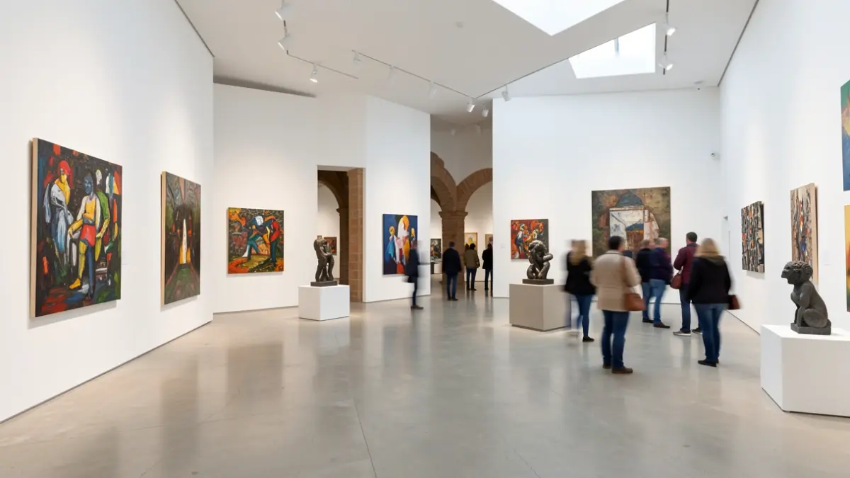 Generic image of a modern art exhibition hall with various artworks on display.