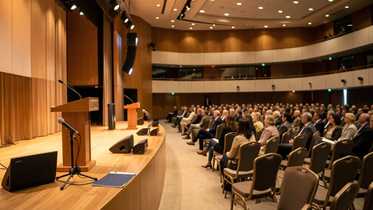 Imagen genérica de un auditorio moderno con micrófonos y sillas.