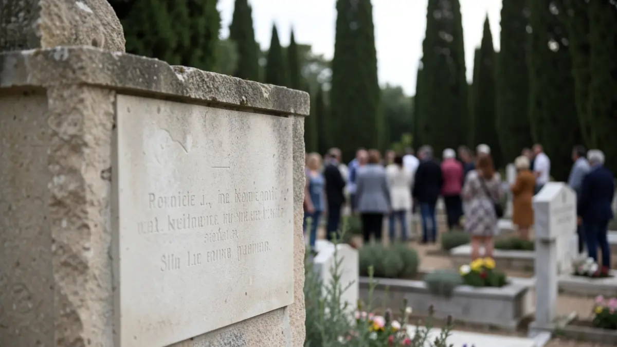Image of a memorial plaque in a cemetery, with blurred Mediterranean vegetation in the background.