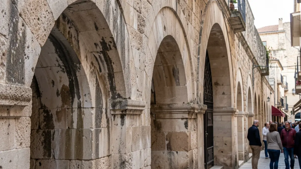 Detail of the ancient arches and walls of the Arab Baths in Llíria showing signs of moisture damage.