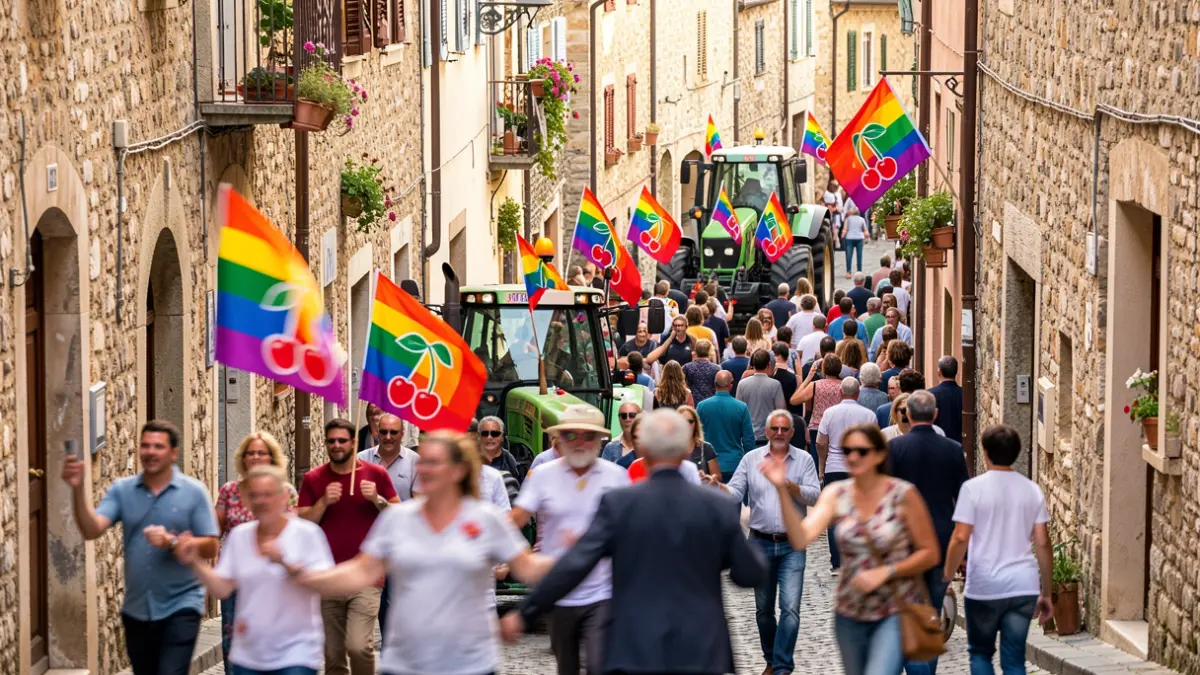 Imagen genérica de una manifestación festiva con banderas del arcoíris y elementos culturales locales.