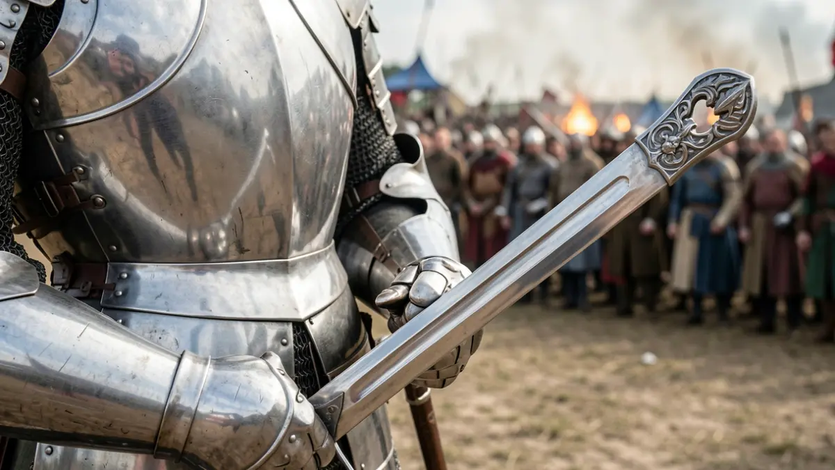Imatge genèrica d'una armadura medieval polida i una espasa brillant.