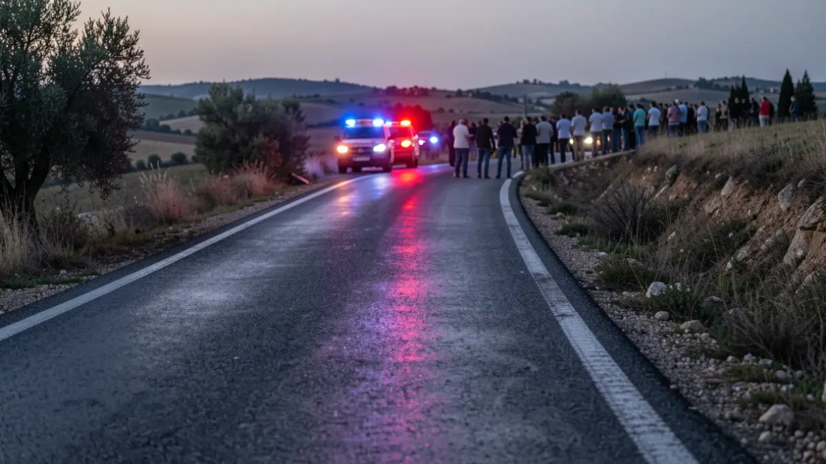Imagen genérica de una carretera mojada con luces de emergencia borrosas.