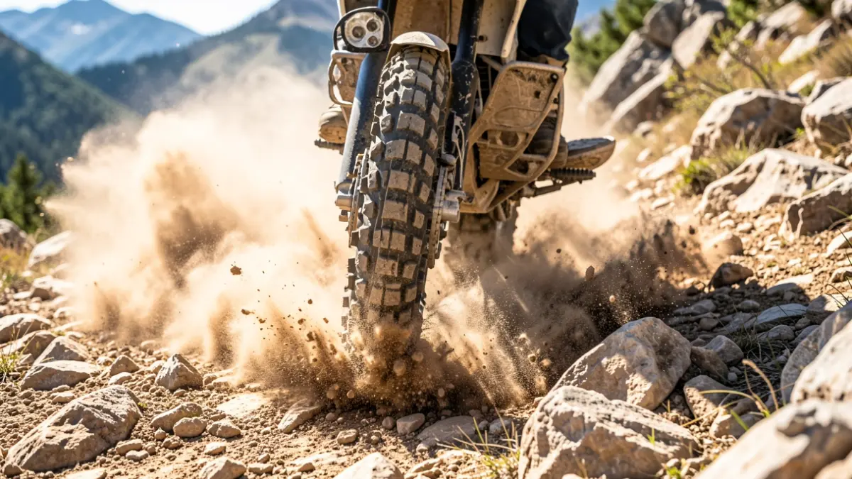 Imatge d'una roda de moto de trial en terreny rocós.