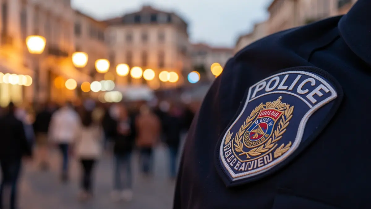 Imatge genèrica d'una placa de policia amb llums de ciutat al fons.