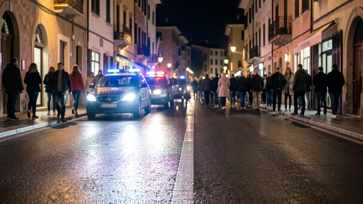 Imatge genèrica de llums d'emergència policials reflectint-se en asfalt mullat.