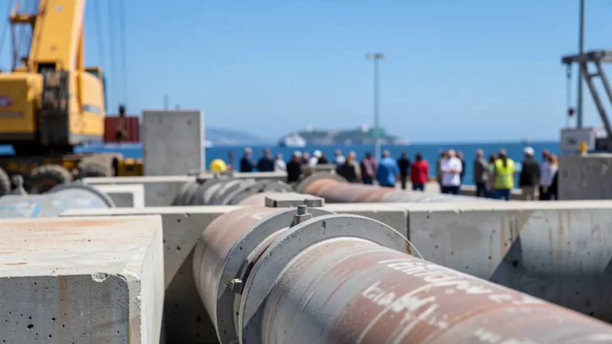 Imagen genérica de tuberías de construcción y estructuras de hormigón en un puerto con el mar Mediterráneo al fondo.