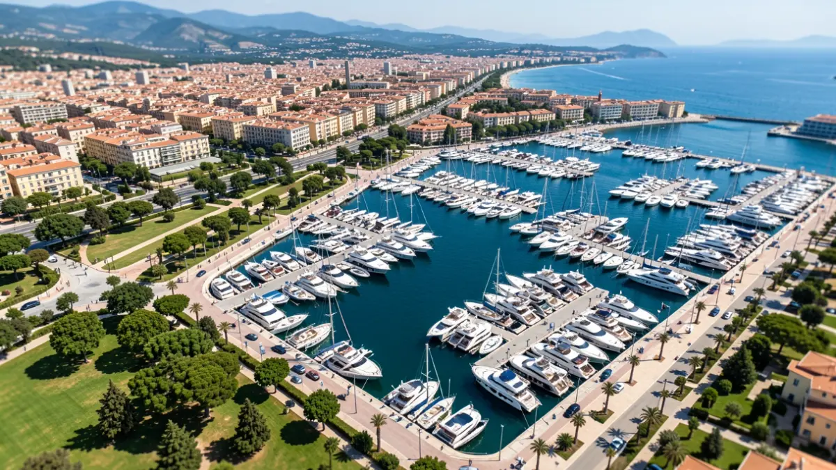 Imatge genèrica d'una marina moderna amb embarcacions i espais verds.