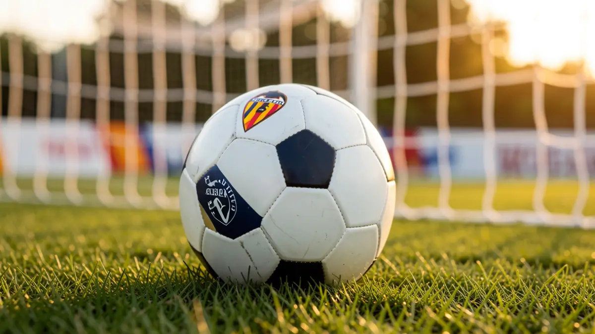 Imatge genèrica d'una pilota de futbol sobre gespa amb la xarxa de la porteria desenfocada.