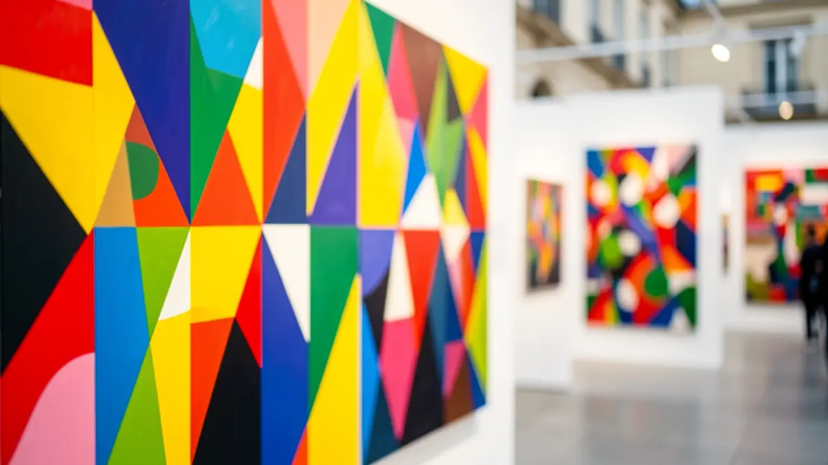 Imatge genèrica d'una fira d'art contemporani amb elements abstractes i colors vius.