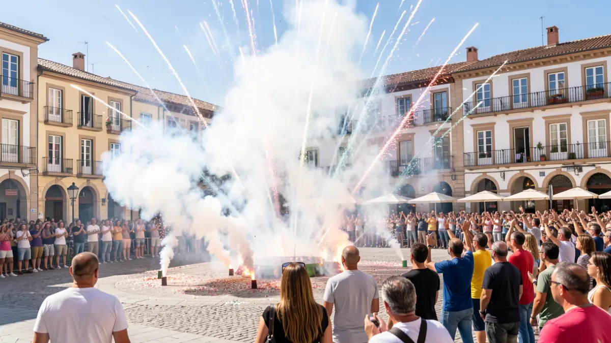 Generic image of a traditional Valencian mascletà in a public square with smoke and sound effects.