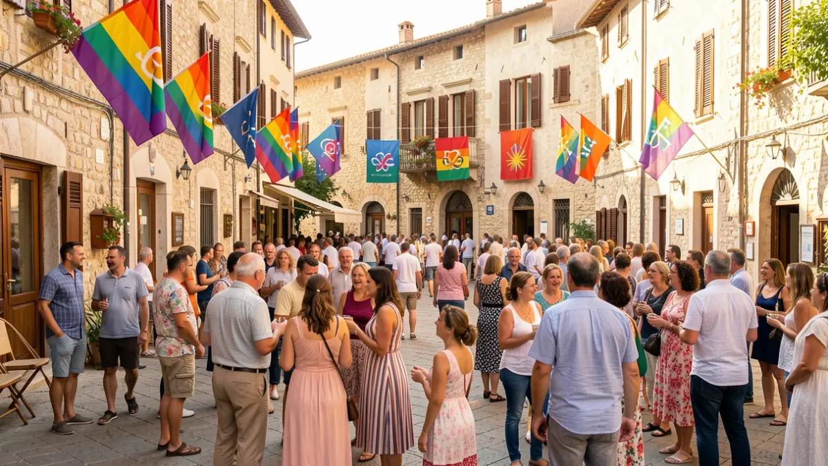 Generic image of an LGTBIQ+ Pride celebration in a Mediterranean urban setting.