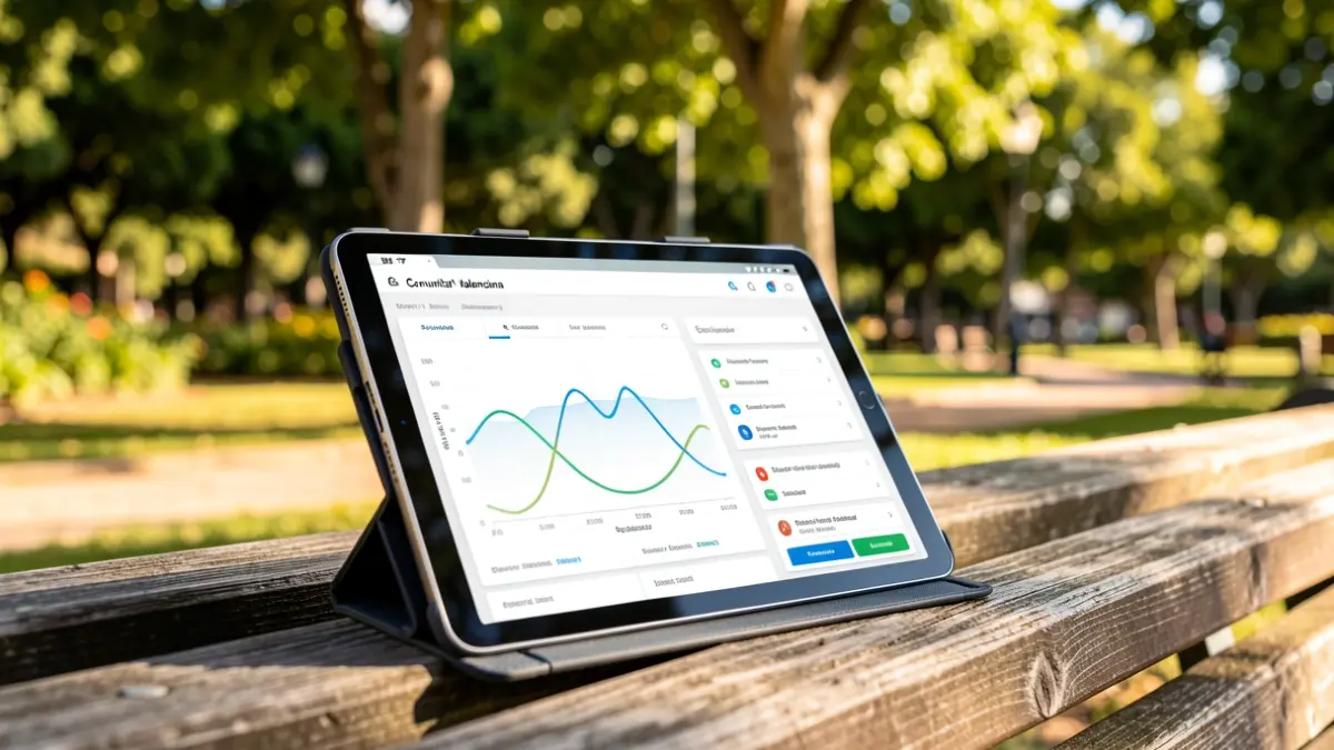 Imagen genérica de una tableta digital con una interfaz de gestión de riego en un parque.