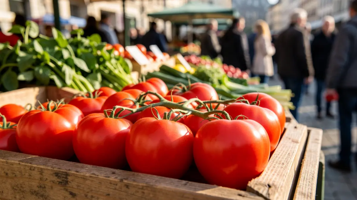 Generic image of freshly harvested tomatoes at a market.