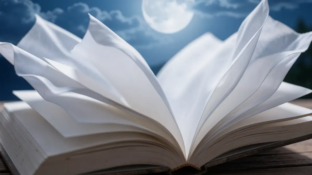 Detail of an open book with pages resembling white sheets dancing under the moonlight.