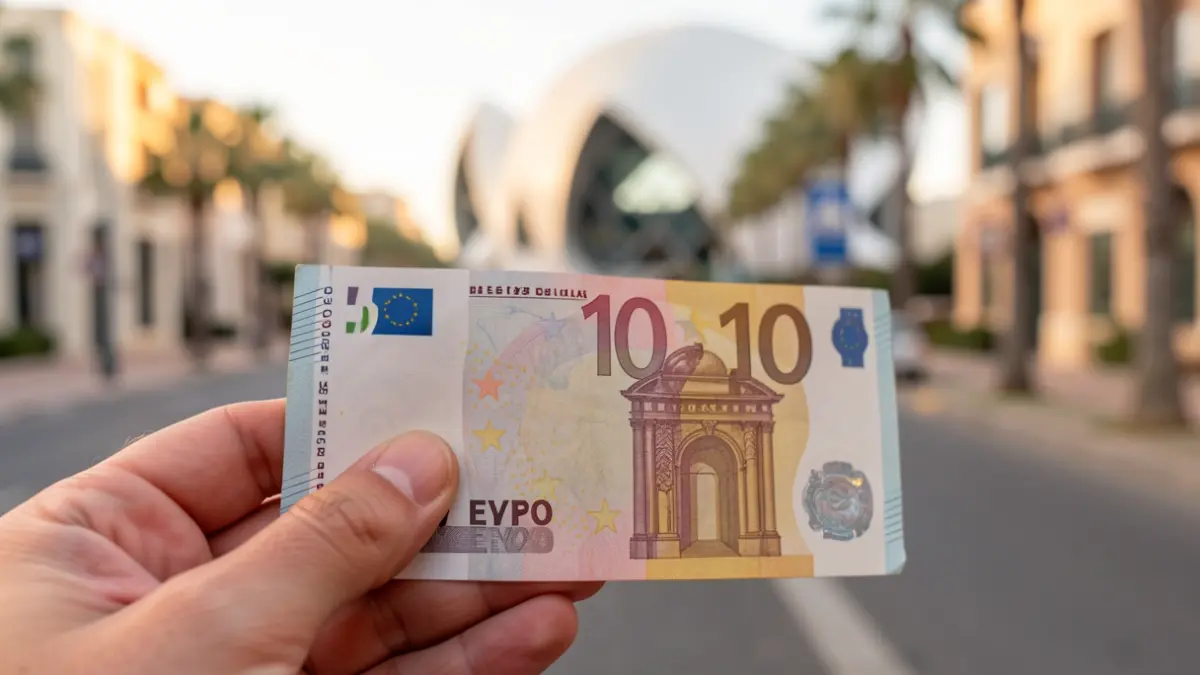 Generic image of a hand holding a 100 euro banknote, with a Mediterranean urban background.