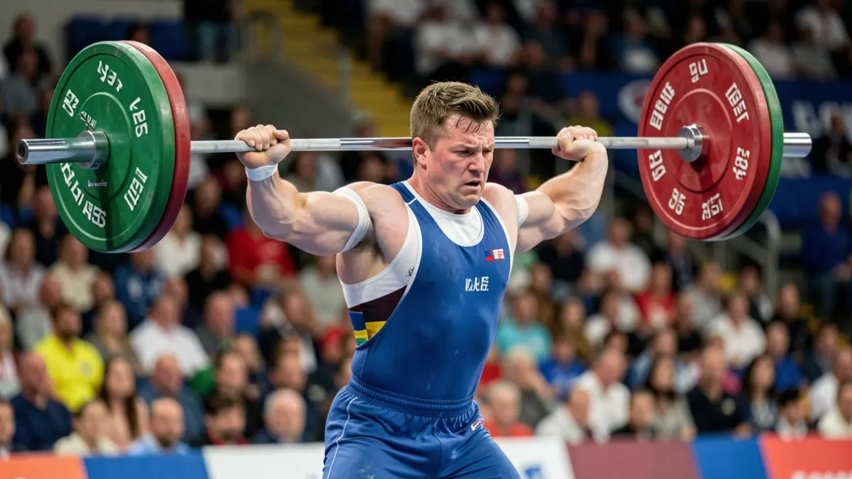 Generic image of a weightlifter in action during a competition.
