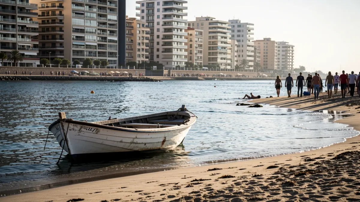 Imagen genérica de una patera llegando a una playa mediterránea con edificios al fondo.