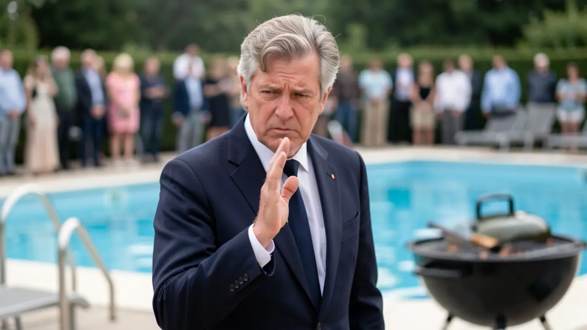 Imagen genérica de un político haciendo un gesto irónico con una piscina y una barbacoa al fondo.