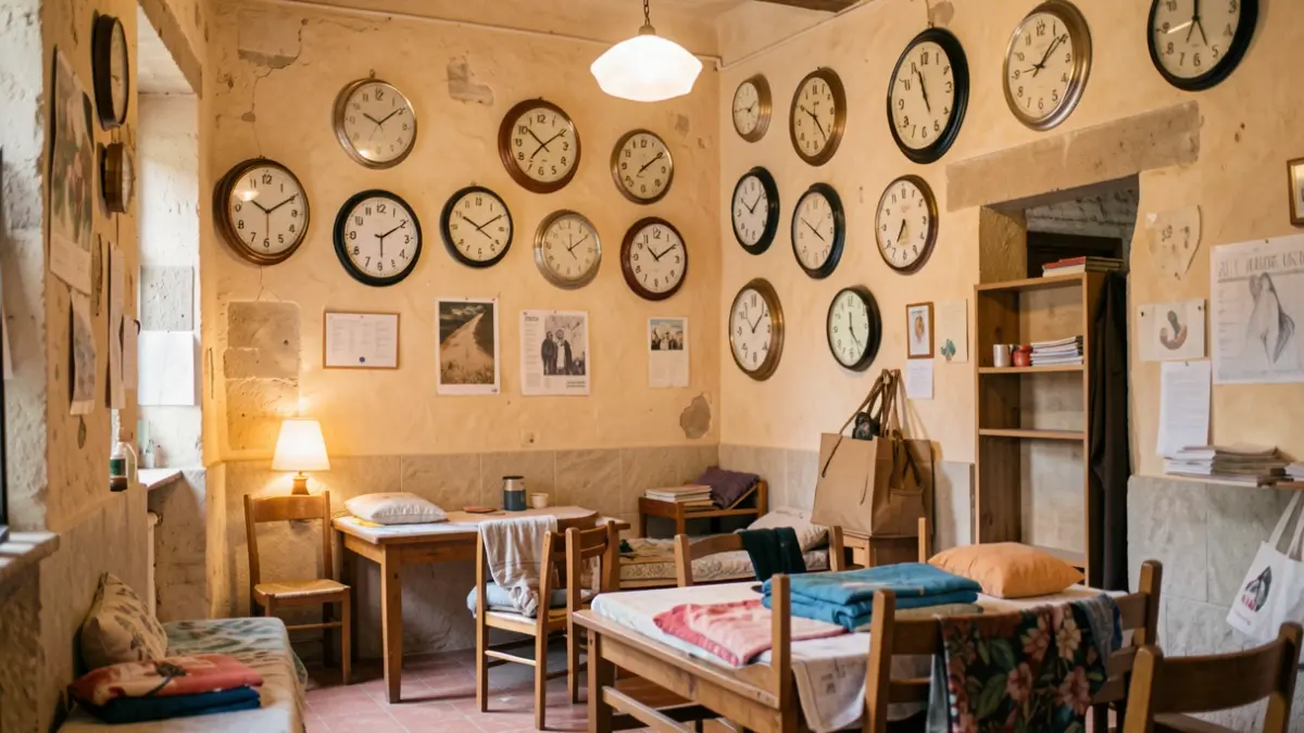 Imatge genèrica de l'interior d'un centre d'acollida amb rellotges de diferents zones horàries.