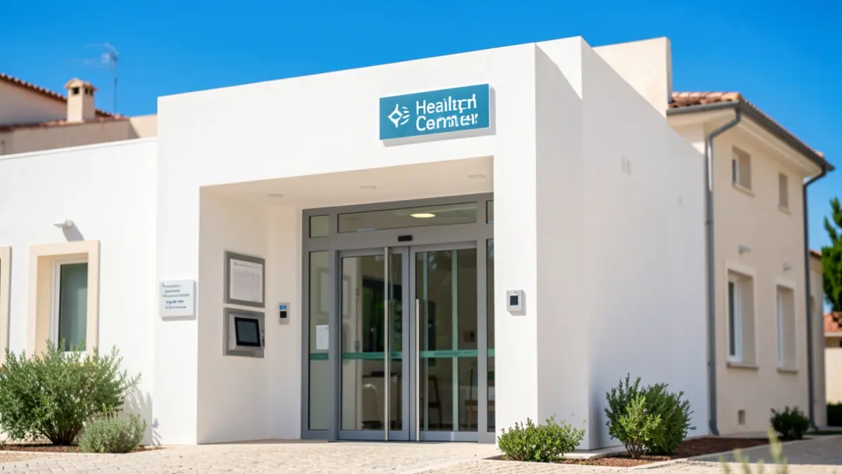 Generic image of the exterior of a modern health center with automatic doors and clear signage.