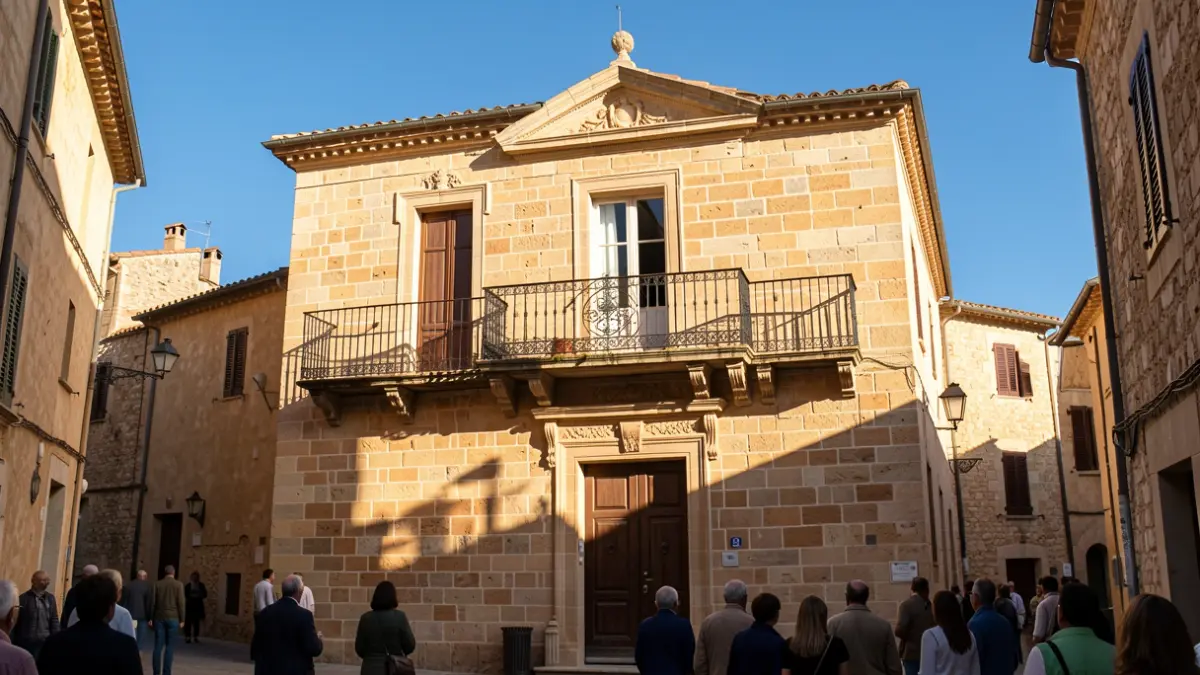 Imagen genérica de la fachada de un ayuntamiento de piedra con balcón.