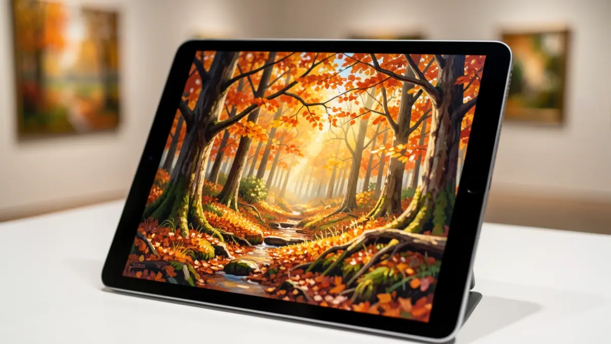 Image of an iPad displaying a digital painting of a Hockney forest.