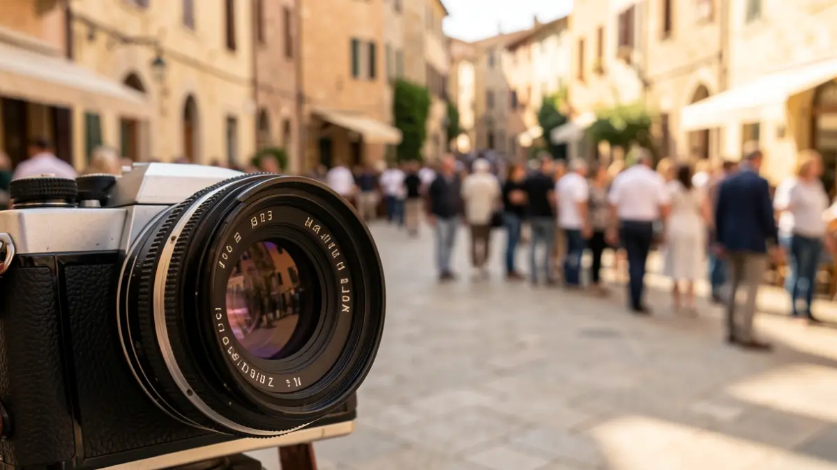 Generic image of an old camera in front of a Mediterranean town square.
