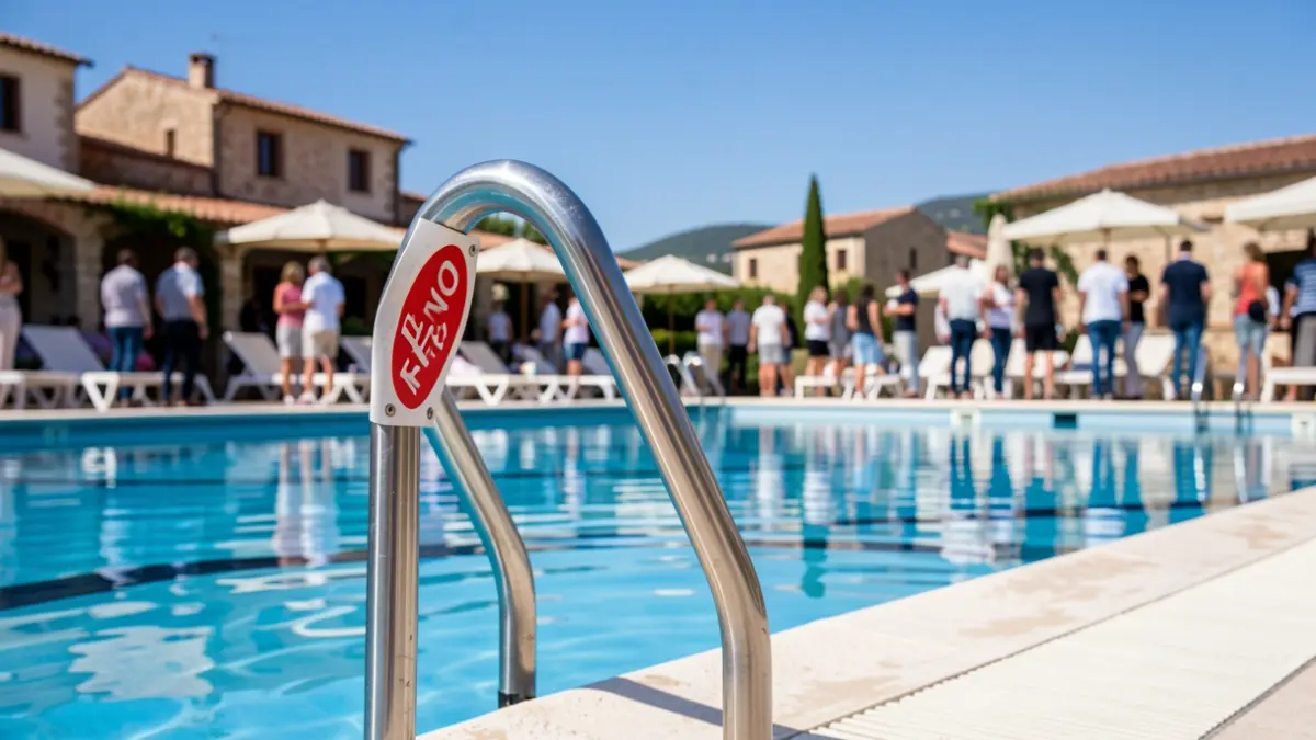 Generic image of a swimming pool ladder with a 'No Entry' sign.