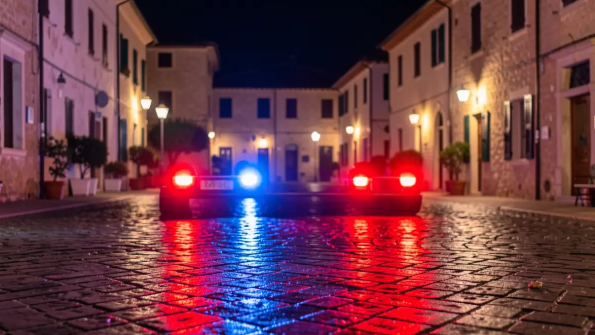 Generic image of emergency lights reflecting on wet asphalt at night.