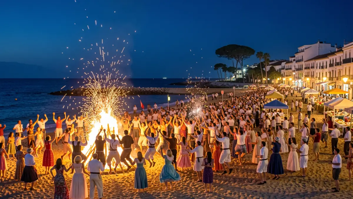 Crowd jumping over bonfires during the Nit dels Focs de Sant Joan in Xàbia.