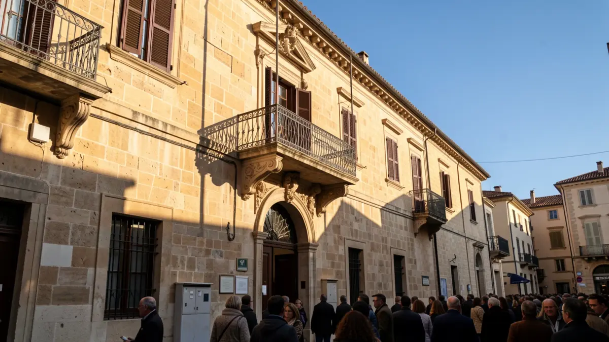 Imatge genèrica d'un edifici municipal amb balcó i baranes de ferro, il·luminat pel sol de la vesprada.