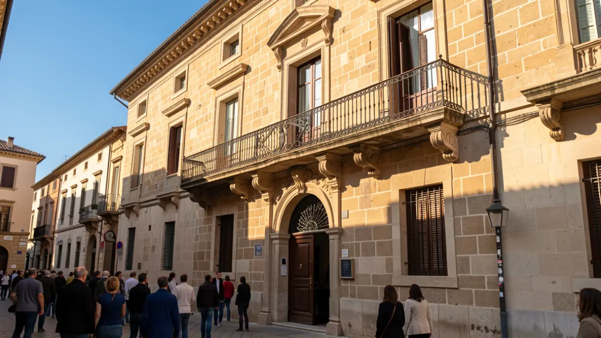Generic image of a Mediterranean town hall facade with a balcony and iron railings, illuminated by warm afternoon light.