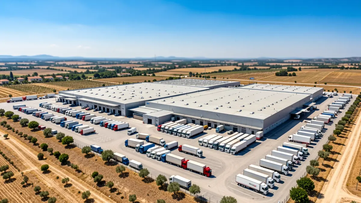Imatge genèrica d'un complex logístic amb camions.