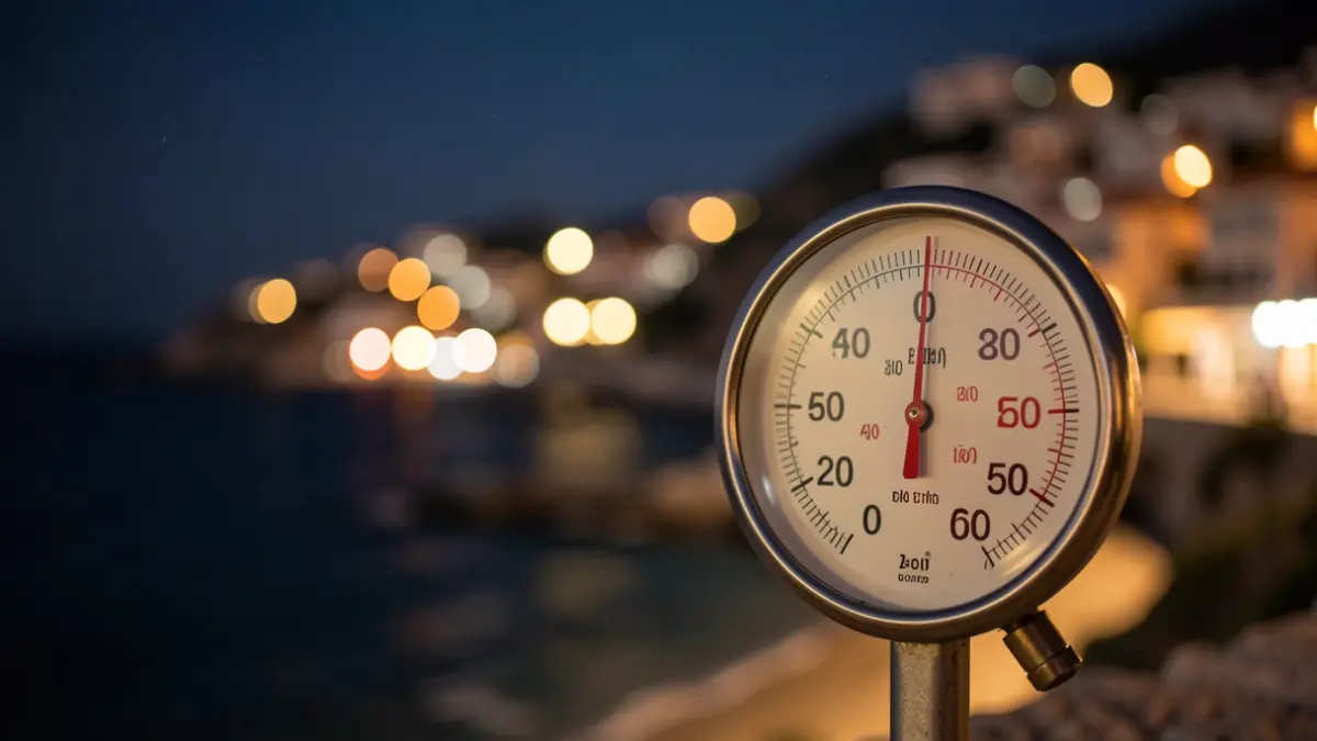 Imatge genèrica d'un termòmetre amb alta temperatura en una costa mediterrània de nit.