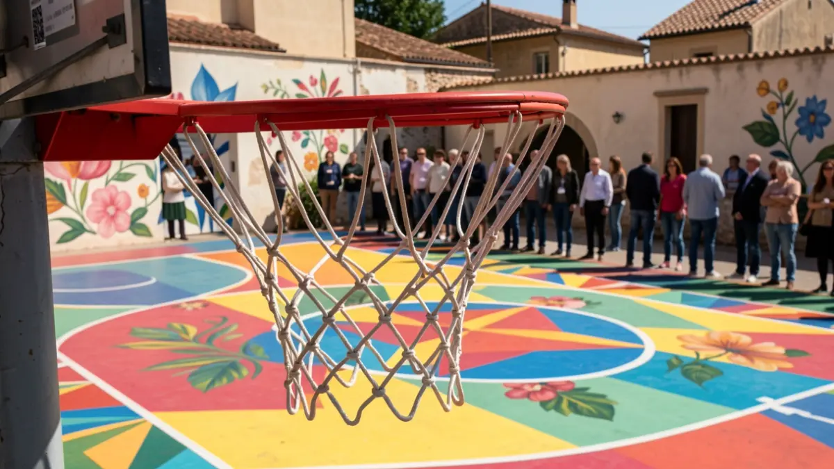 Imagen de una cancha de baloncesto renovada con arte comunitario en el barrio de Nou Alacant.