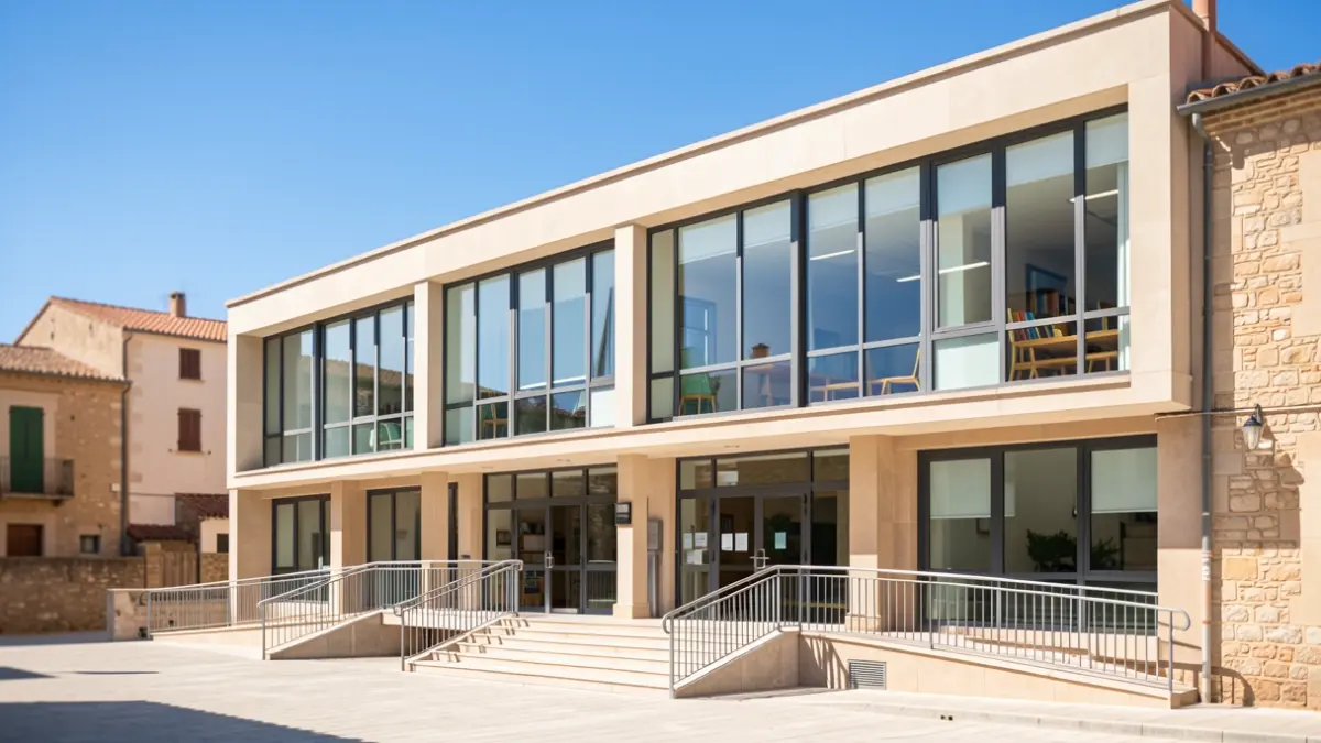 Imagen genérica de un edificio educativo moderno con rampas de acceso.