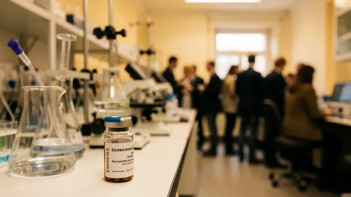 Generic image of a medical laboratory with an experimental drug vial.