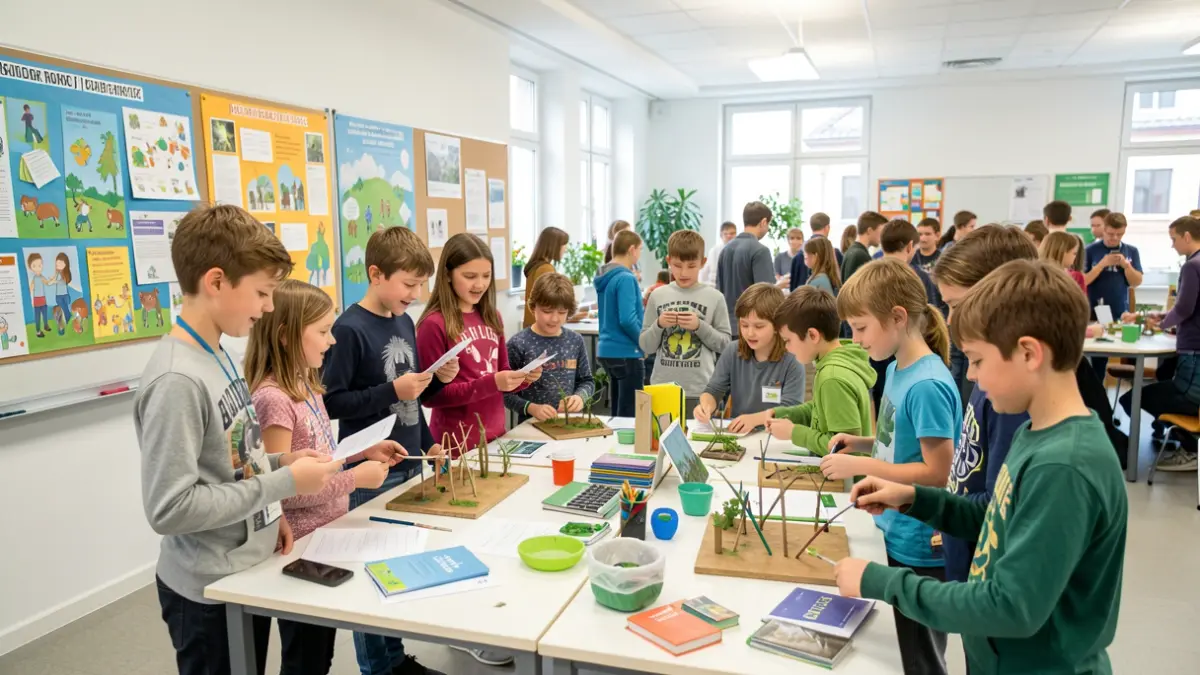 Imagen genérica de estudiantes presentando proyectos sobre reciclaje y sostenibilidad.