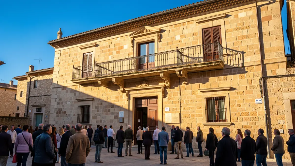 Generic image of a Mediterranean town hall facade with a balcony and iron railings, illuminated by afternoon sunlight.