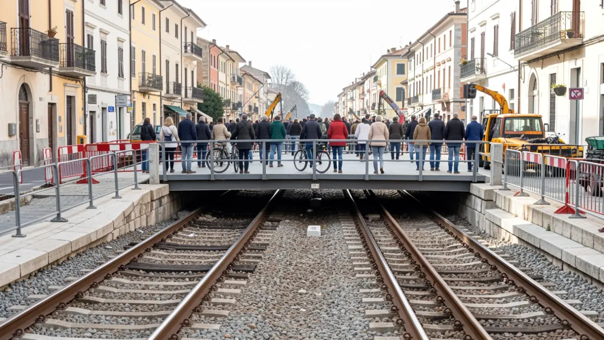 Imagen genérica de una pasarela provisional sobre vías de tren durante obras.