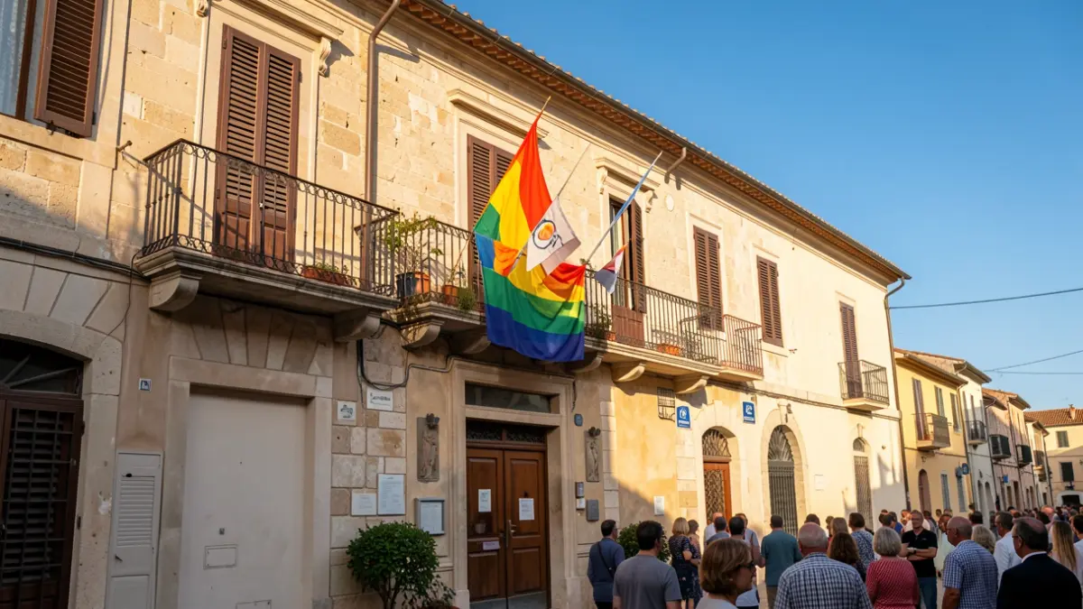 Generic image of a town hall with an LGTBI flag.