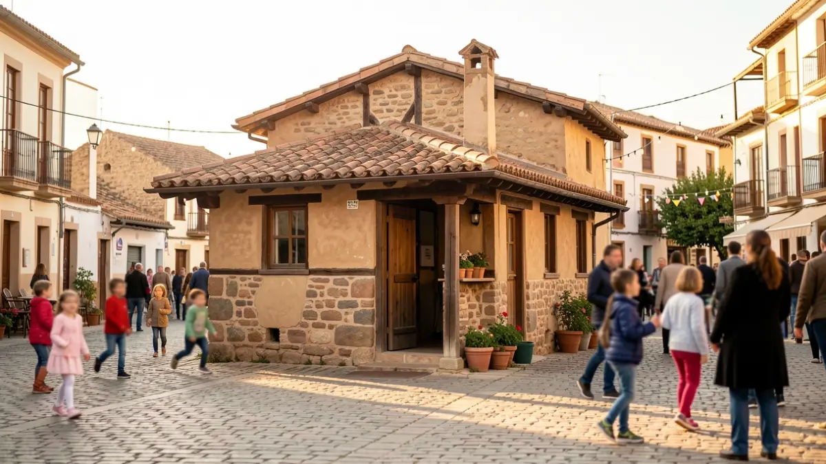 Generic image of a traditional Valencian 'barraca' house with a festive town square in the background.