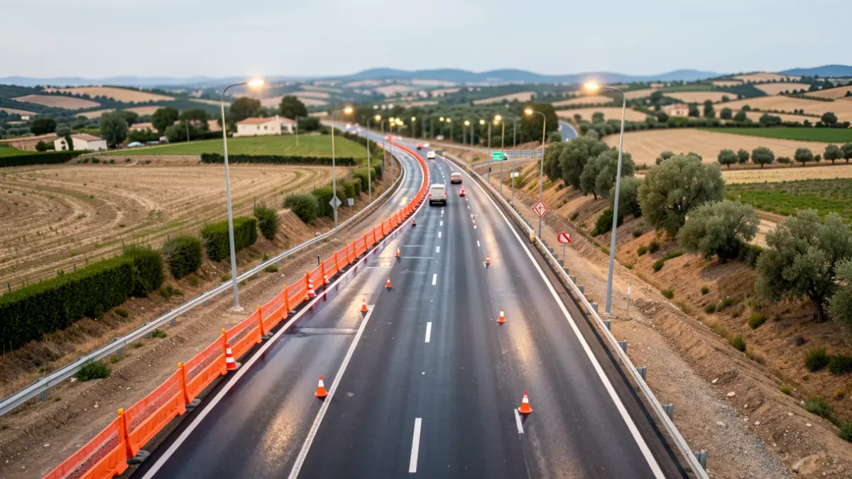 Imagen genérica de obras en una autovía con señalización de tráfico.