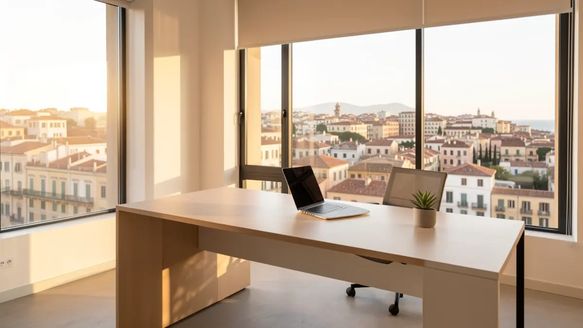 Generic image of a modern workspace with city views.