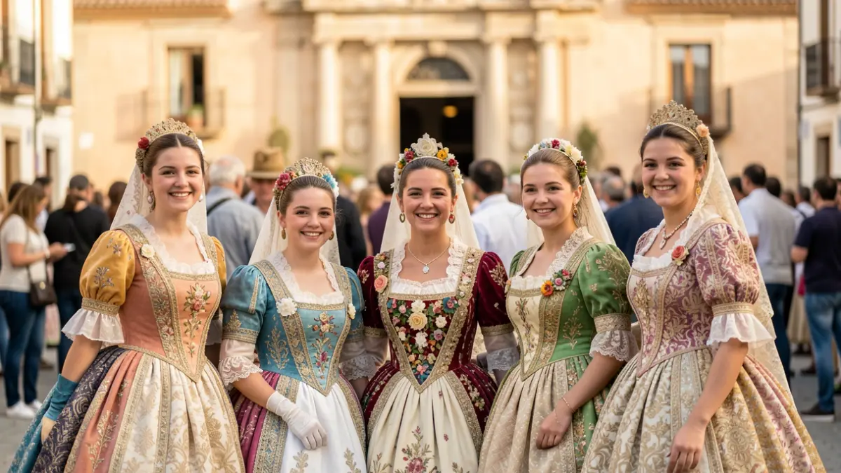 Imagen genérica de jóvenes falleras delante de un ayuntamiento.