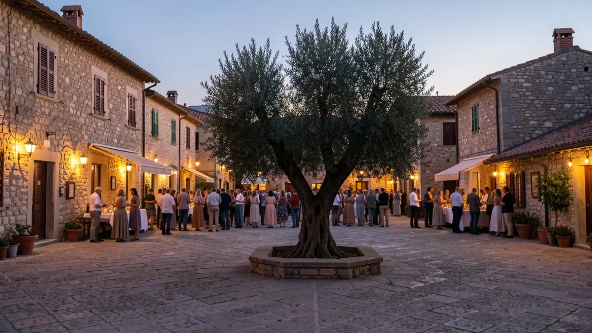 Imatge genèrica d'una plaça de poble mediterrani al capvespre amb un olivera.