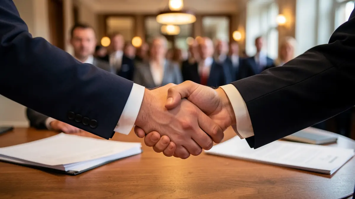 Generic image of two hands shaking over a desk with blurred paperwork.